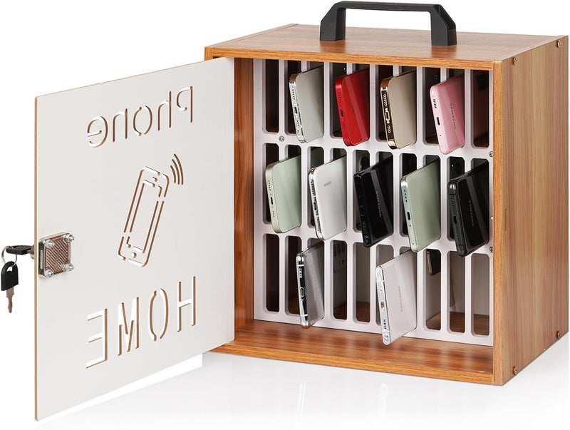 Lzttyee Cell Phone Holder Classroom 33 Slots Wooden Cell Phone Storage Cabinet Pocket Chart with Handle and Security Lock for Classroom Office (33 Grid Cabinet Cherry) - Image 1